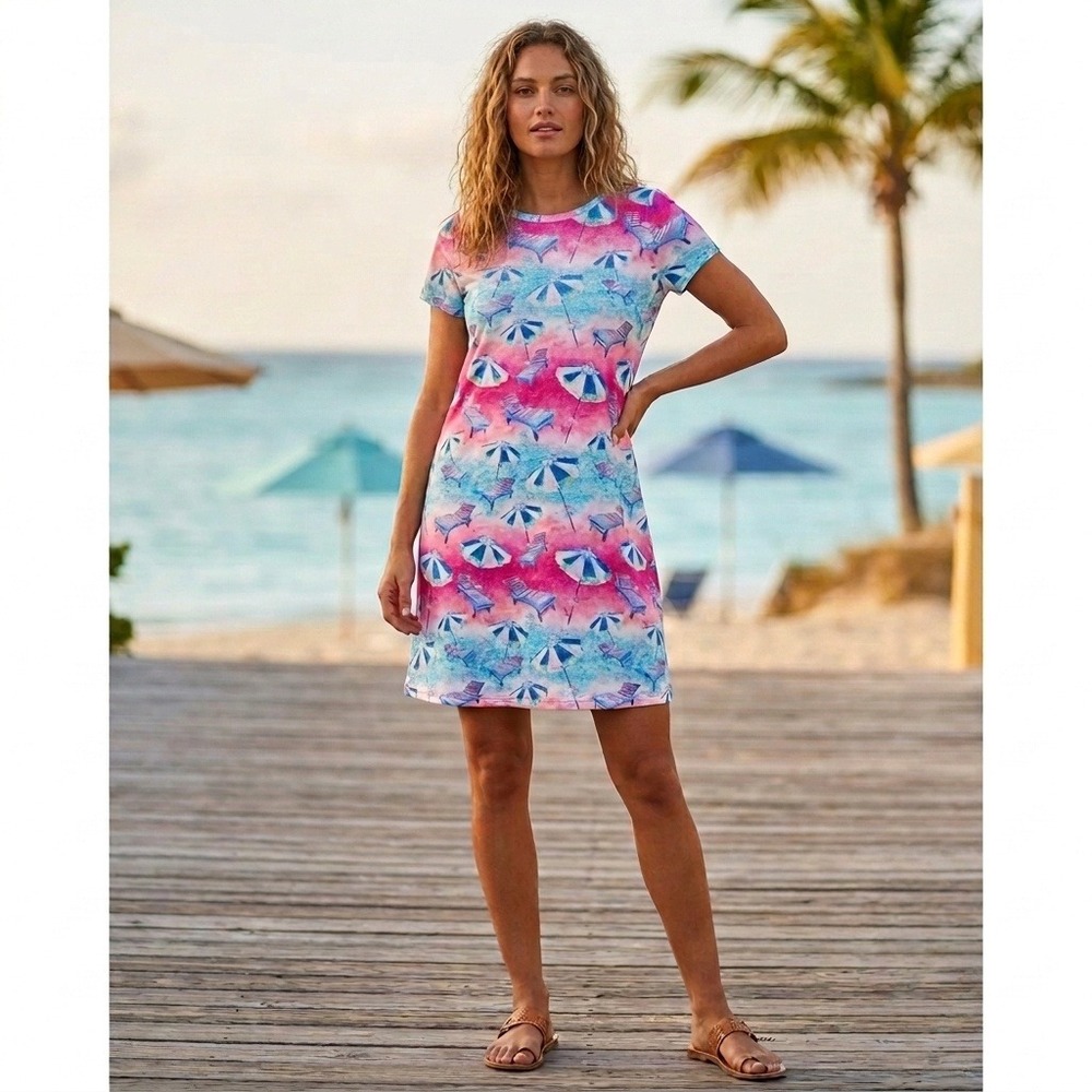 Leoma Lovegrove Beach Print T-Shirt Dress Pink Blue Bow Back Large